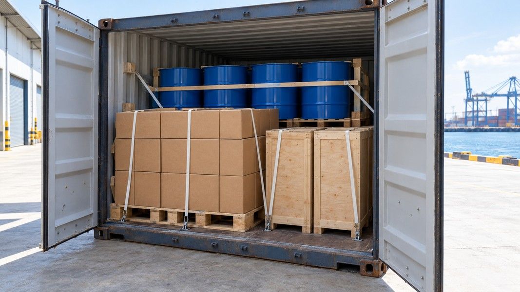 Wooden crates, stacked cartons on pallets and steel drums loaded inside an open shipping container at a port warehouse.