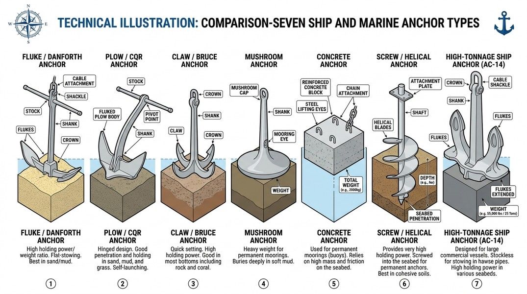 Comparison of 7 types of ship anchors including fluke, plow, claw, mushroom, concrete, screw, and high-tonnage anchors