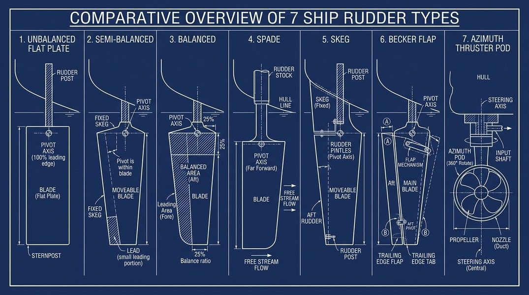 Diagram comparing 7 types of ship rudders: unbalanced, semi-balanced, balanced, spade, skeg, Becker flap, and azimuth thruster