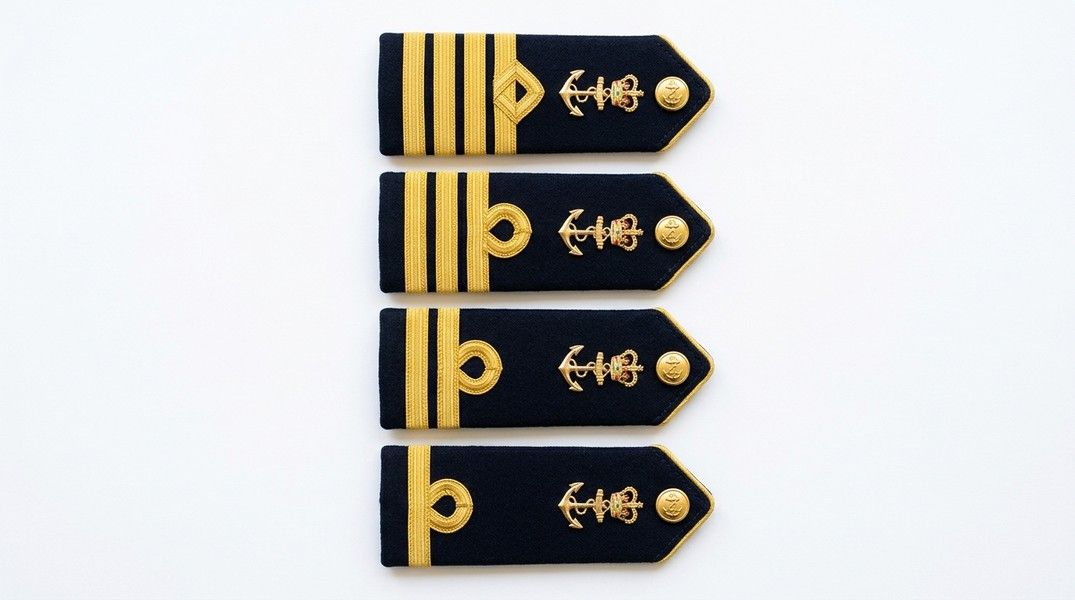 Merchant navy officer rank insignia showing gold stripes for Captain, Chief Mate, Second Mate and Third Mate